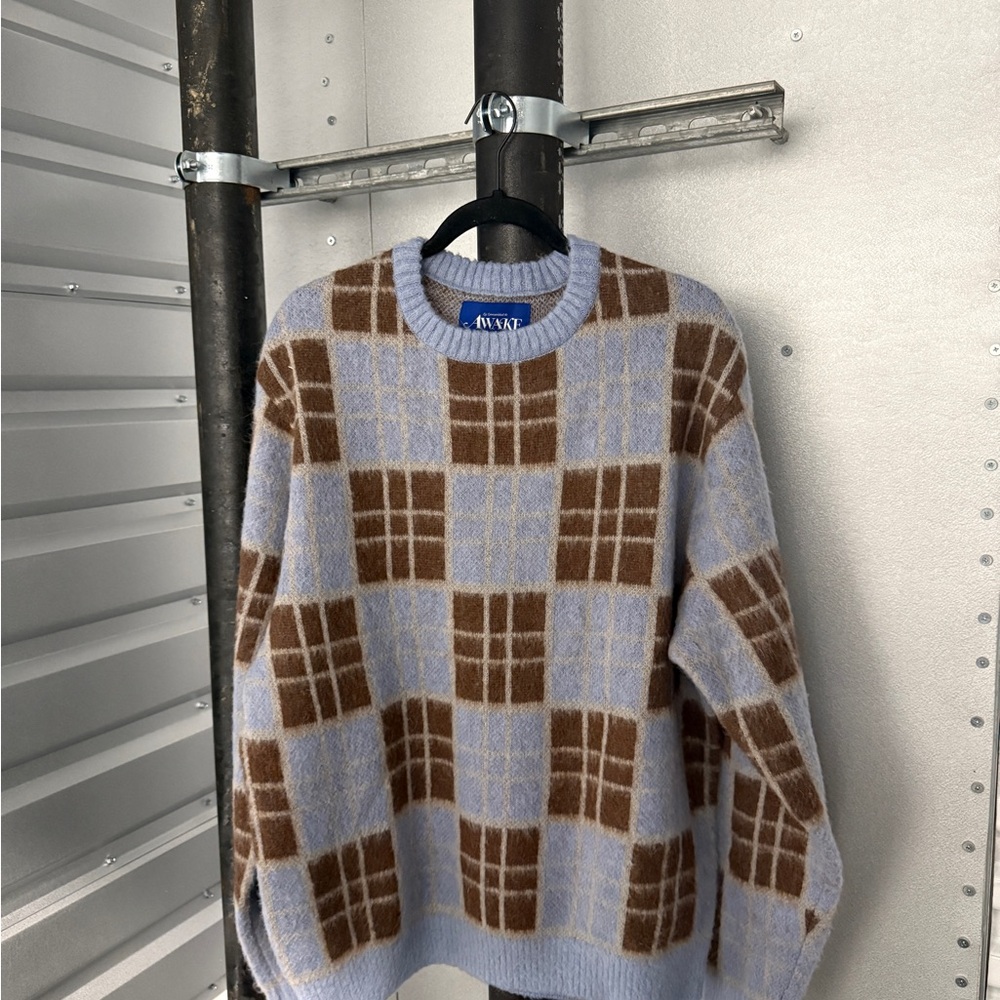Awake Blue and Brown Crewneck Sweater with Geometric Design